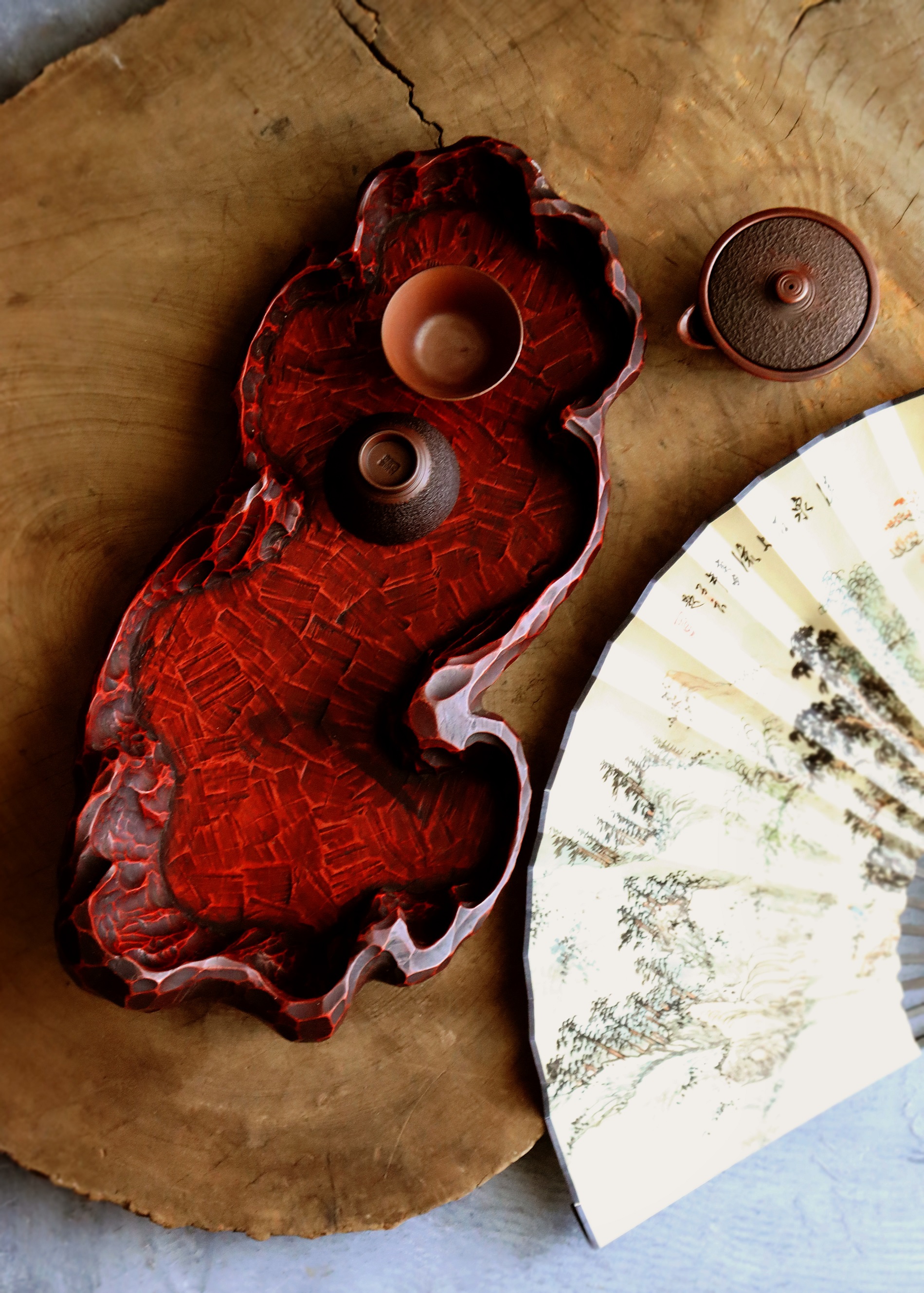 讃岐彫り茶盤 茶器 煎茶 盆栽台 木製盆 木工芸 民藝 彫刻 茶器 煎茶