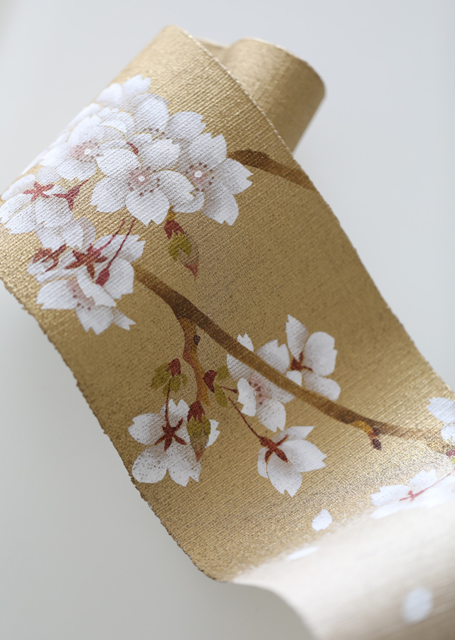 手染め麻 洛粋金彩豆タペ「桜花爛漫」 [京都洛柿庵オンラインショップ]