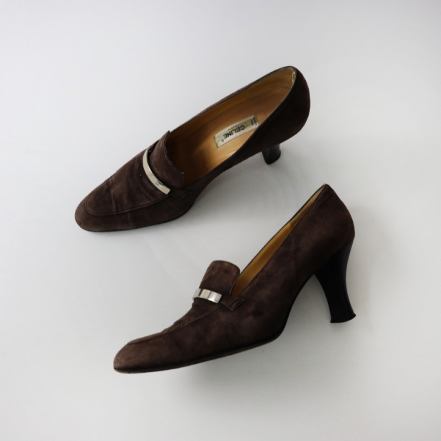 セリーヌ CELINE スエードヒールローファーパンプス 38/ダークブラウン