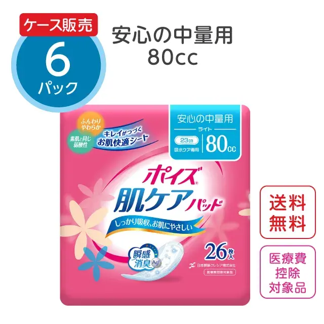 公式】尿漏れパッド【80cc】安心の中量用 26枚×6パック ポイズ 肌