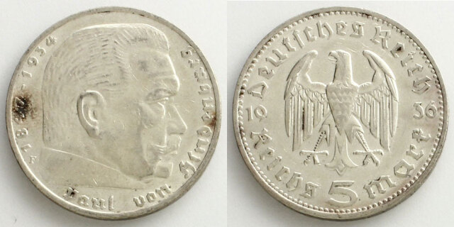 ドイツ第三帝国 1936 5ライヒスマルク銀貨 ヒンデンブルク