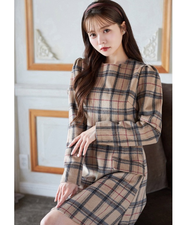 フェイクポケット付き起毛チェック台形ミニワンピース