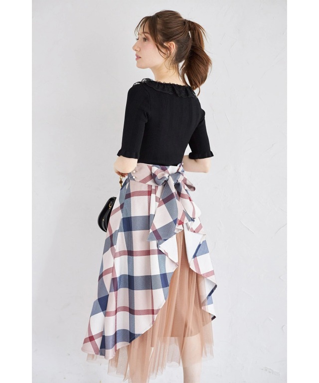 3WAYリボン付き後ろチュールフリル切り替えチェックプリント
