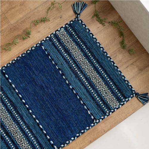 インド綿を使った手織りのキリム柄玄関マット 約70x120 cm｜輸入絨毯