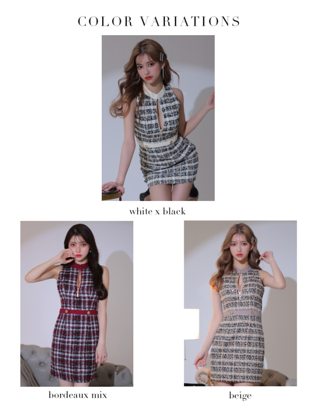 XS～Lサイズあり】フロントジッパー×チェック柄ツイードミニキャバ