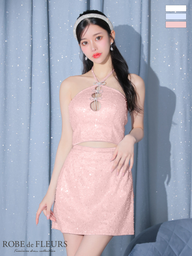 XSサイズあり】フロントホールトリプルリボンホルターネックラメミニ