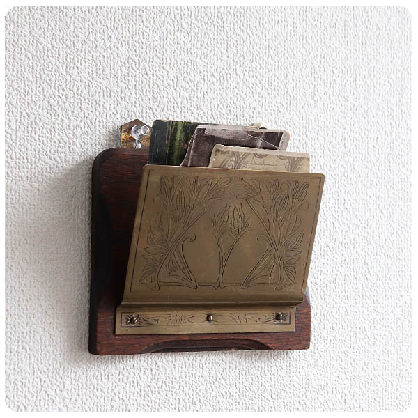 イギリス アンティーク ウォールレターラック ブラス 真鍮 オーク