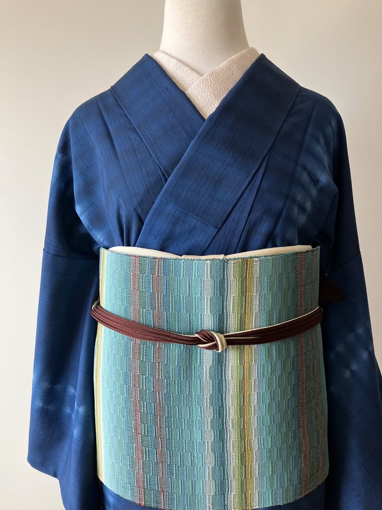 藍色 絞り縞模様 袷紬 正絹 大きめサイズ［K178］ | kimono ulala