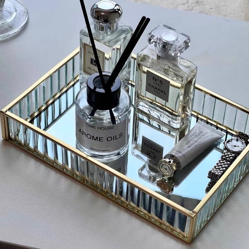 即納】#ゴールド フレーム 長方形 ミラー トレイ コスメ 収納 | 70PARK