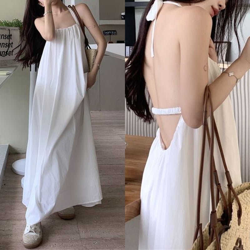 オープンバック ワンピース ホルターネック ノースリーブ 背中見せ