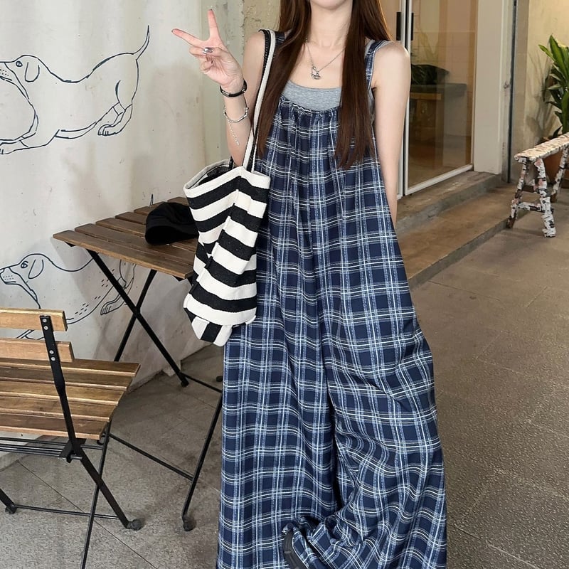 サロペットパンツ チェック柄 オーバーオール オールインワン ジャンプ