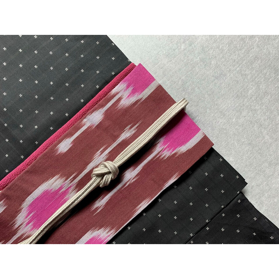 ウズベキスタン絣 木綿九寸名古屋帯 葡萄茶×躑躅色（仕立て上り