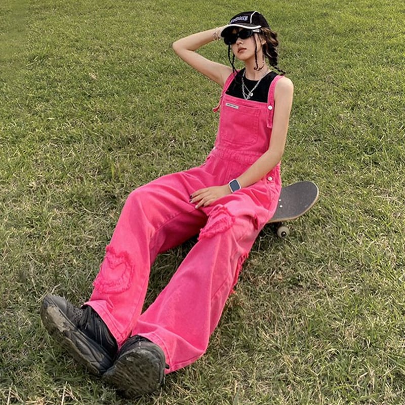 ピンクデニムオーバーオール レディース 春 夏 オーバーオール