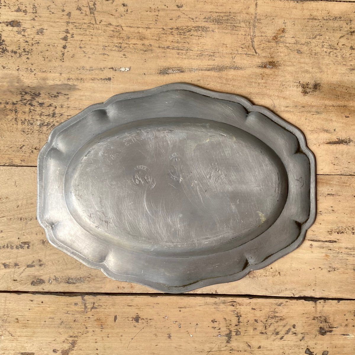 ピューター 花リムオーバルプレート 26.5cm フランスアンティーク ⑳