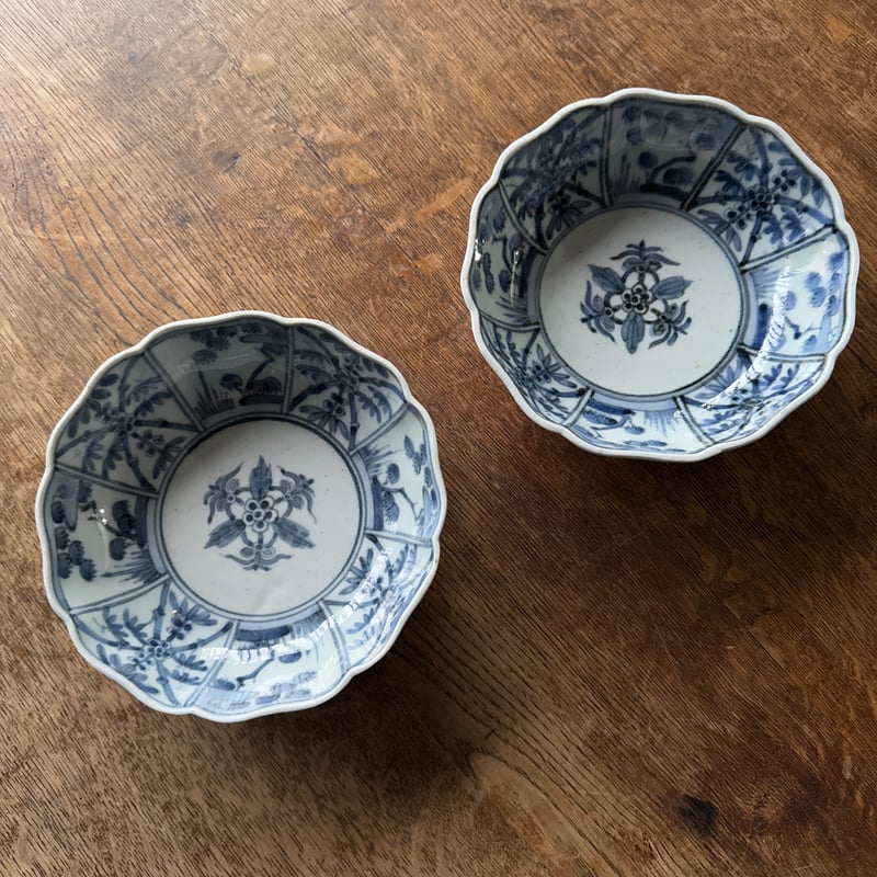 古伊万里 染付松竹梅文 輪花膾皿 渦福銘 2客セット | Kaikaroman