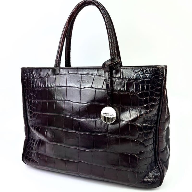 フルラ クロコ型押し ハンドバッグ ダークブラウン ビジネス