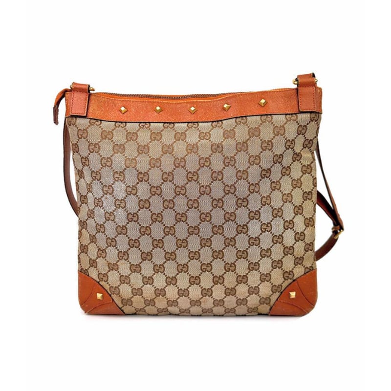 グッチ GGキャンバスレザー ショルダーバッグ ブラウン 茶系 スタッズ
