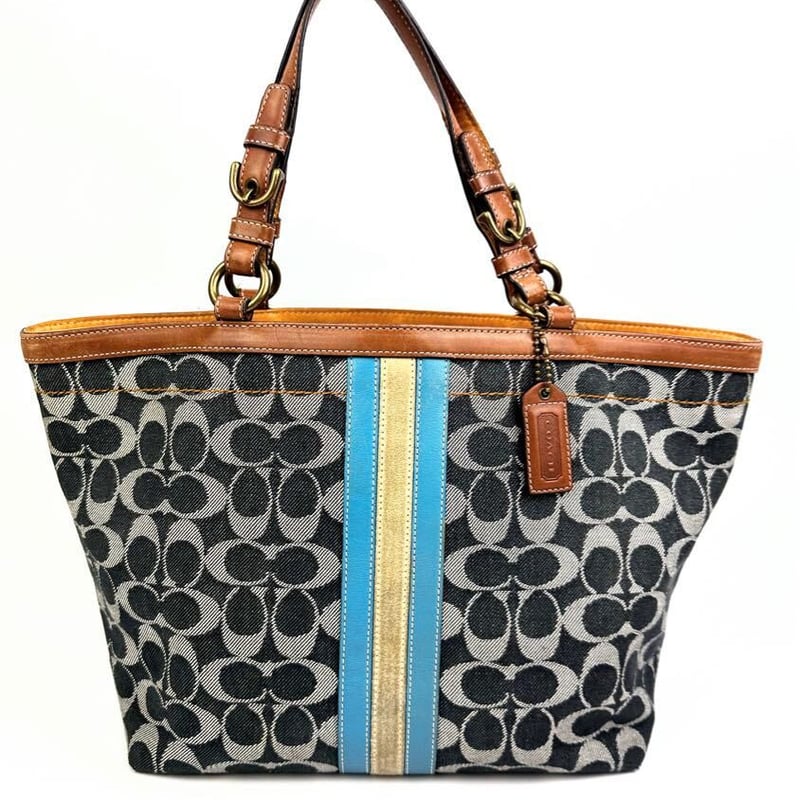 コーチ デニム ハンドバッグ ターンロック シグネチャー ネイビー 茶