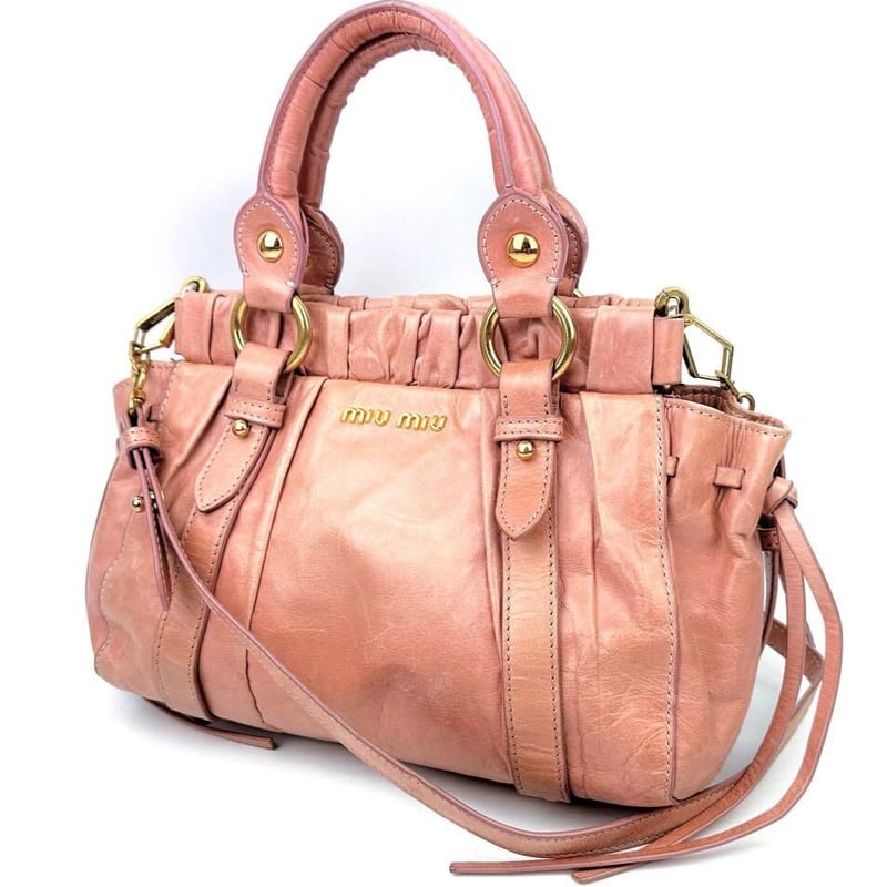 ミュウミュウ 2wayショルダー ギャザー ピンクレザー ハンドバッグ