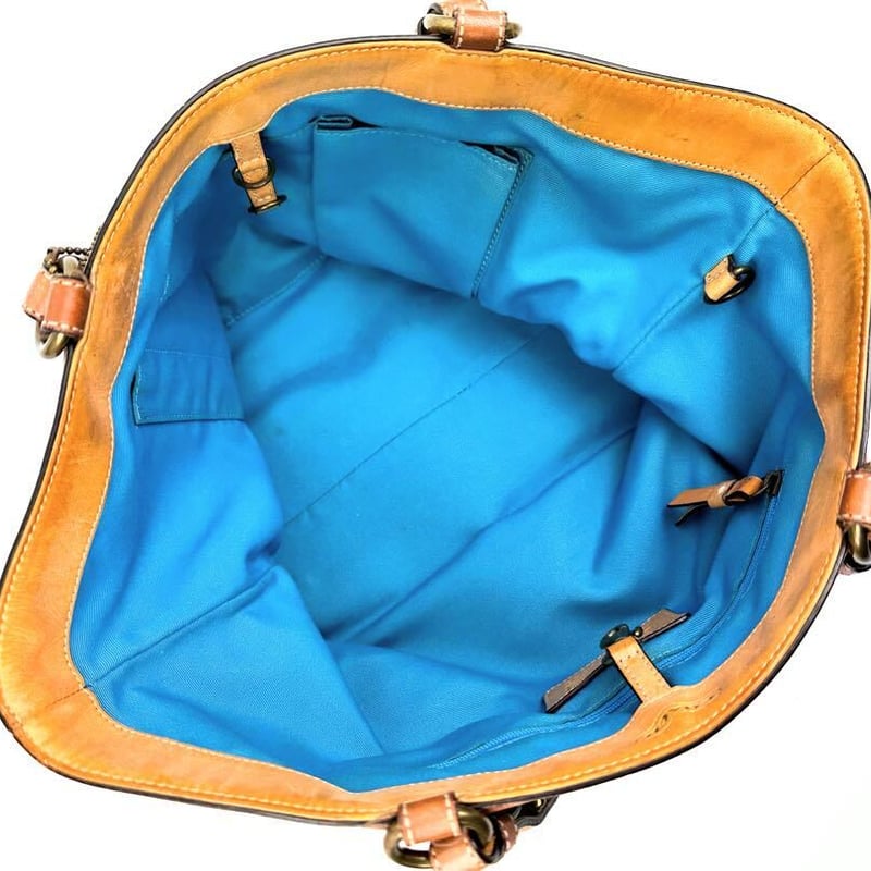 コーチ デニム ハンドバッグ ターンロック シグネチャー ネイビー 茶