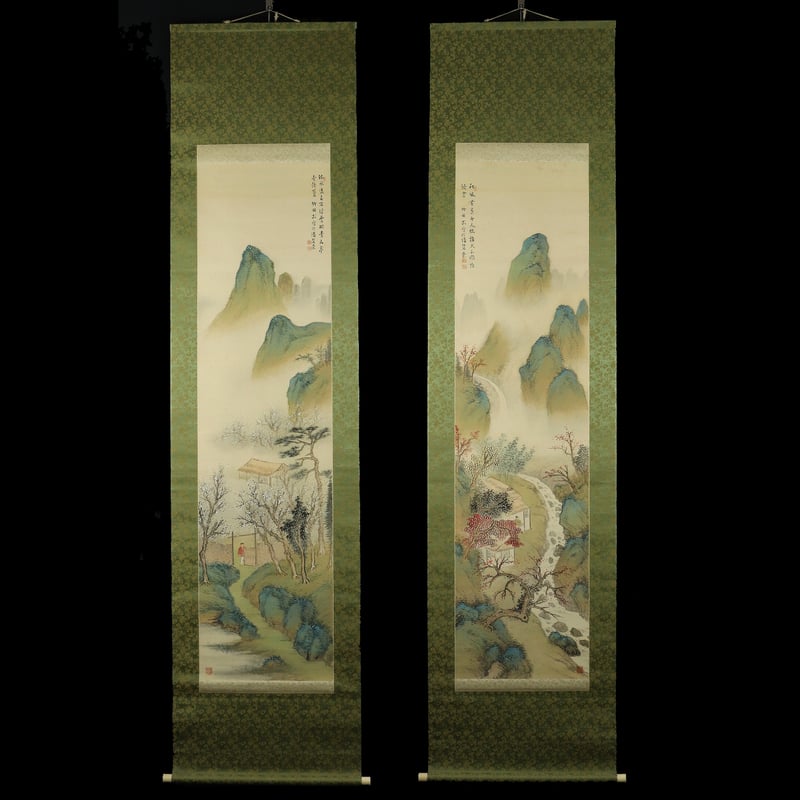 54 水田 竹圃 「自画青緑谷秋山水」双幅 肉筆 絹本 南画家 姫島竹外