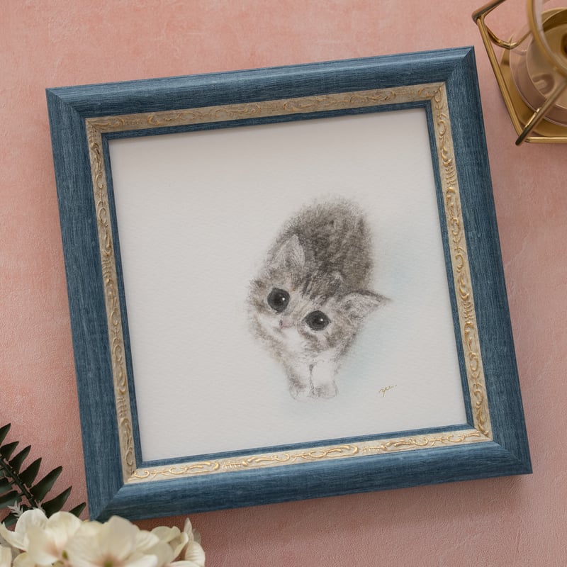原画・フレーム付き】「見上げる子猫」 パステルアート ねこ かわいい