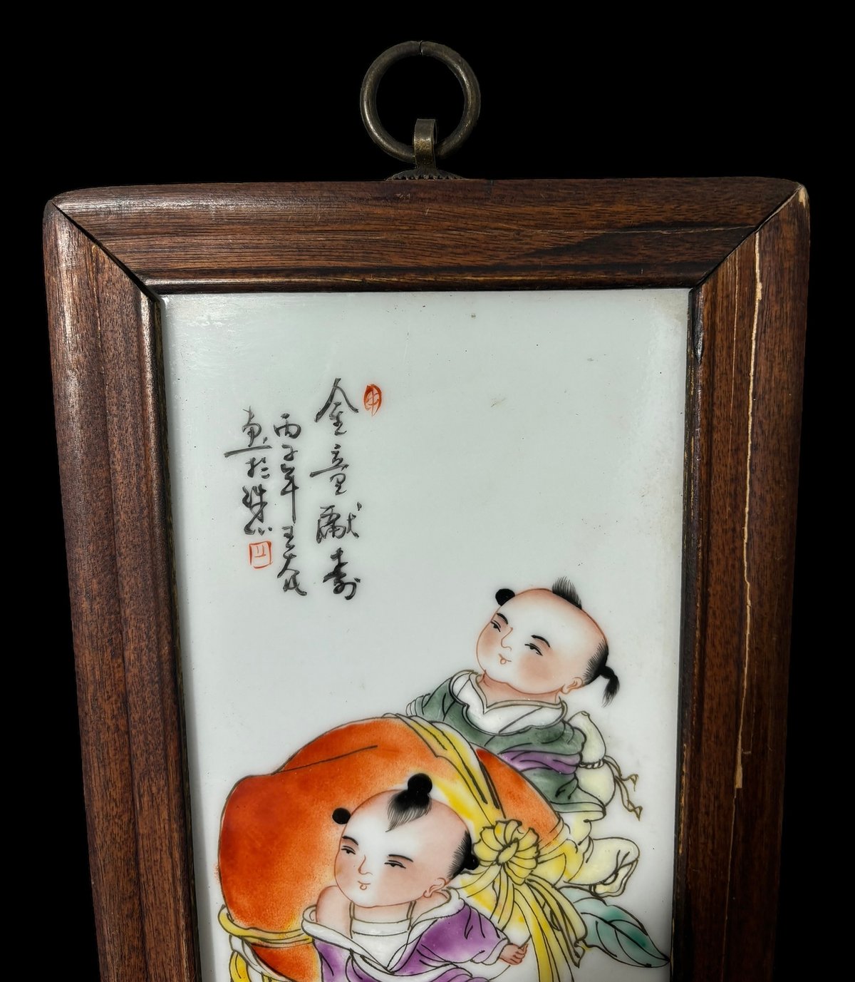 中国美術 陶板画 陶板額【粉彩人物絵】額装 壁掛 扁額 五彩 色絵 民国