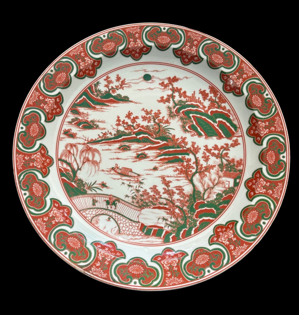 大清康熙年製 赤絵【風景・梅・松】大皿 丸皿 中国美術 盛り皿 飾り皿
