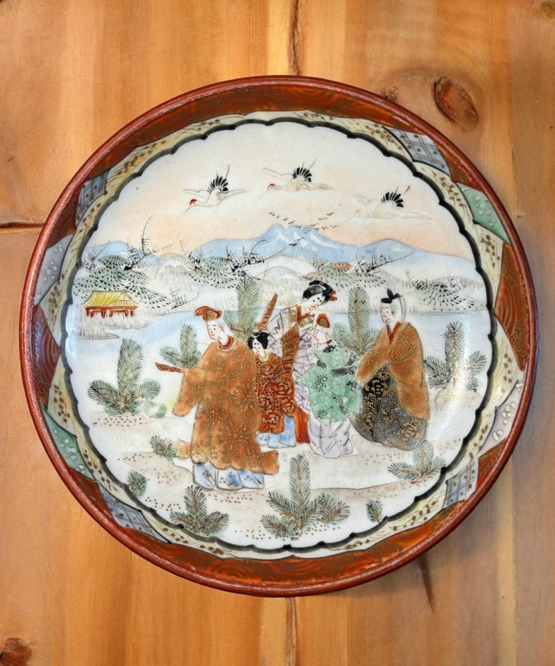 2428 九谷焼 金彩赤絵 人物翔鶴風景図 鉢 3客 時代物 【公式通販】