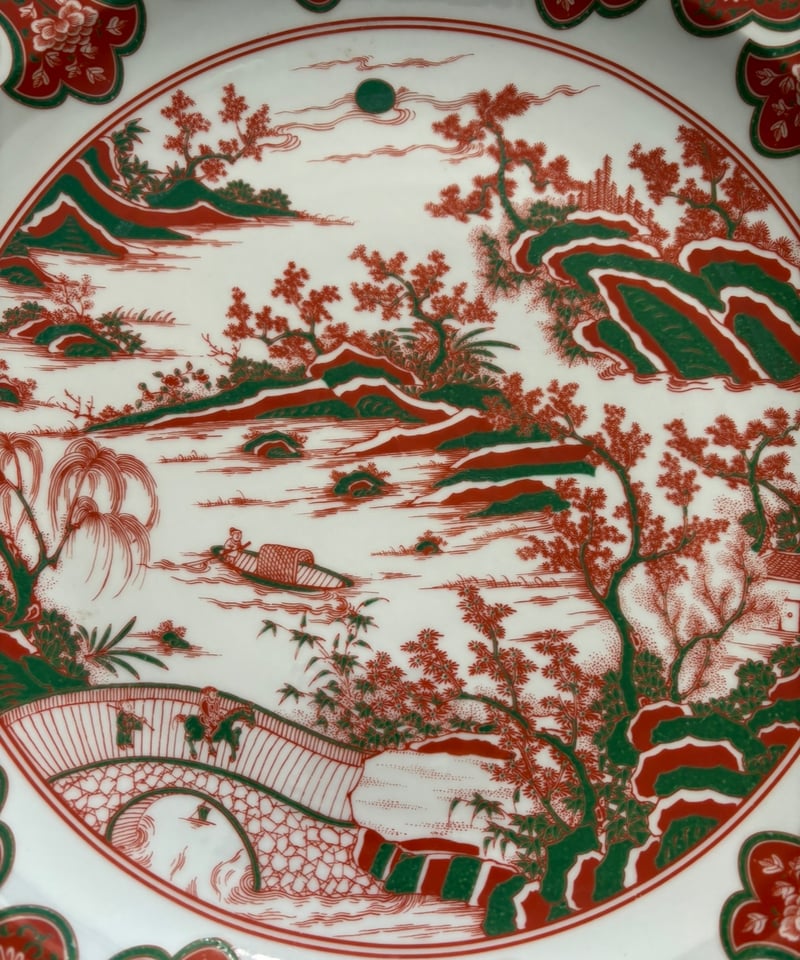 大清康熙年製 赤絵【風景・梅・松】大皿 丸皿 中国美術 盛り皿 飾り皿