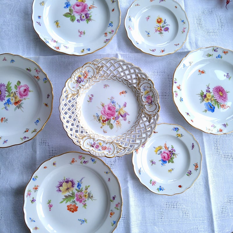 1924年以前Meissenマイセンオープンワークとドイツフラワー金彩の