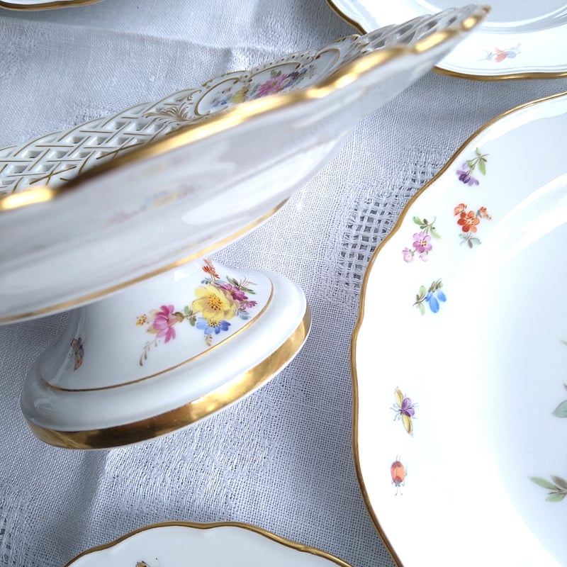 1924年以前Meissenマイセンオープンワークとドイツフラワー金彩の