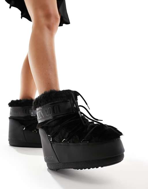 Moon Boot Icon Low boots in black faux fur | ASOS
