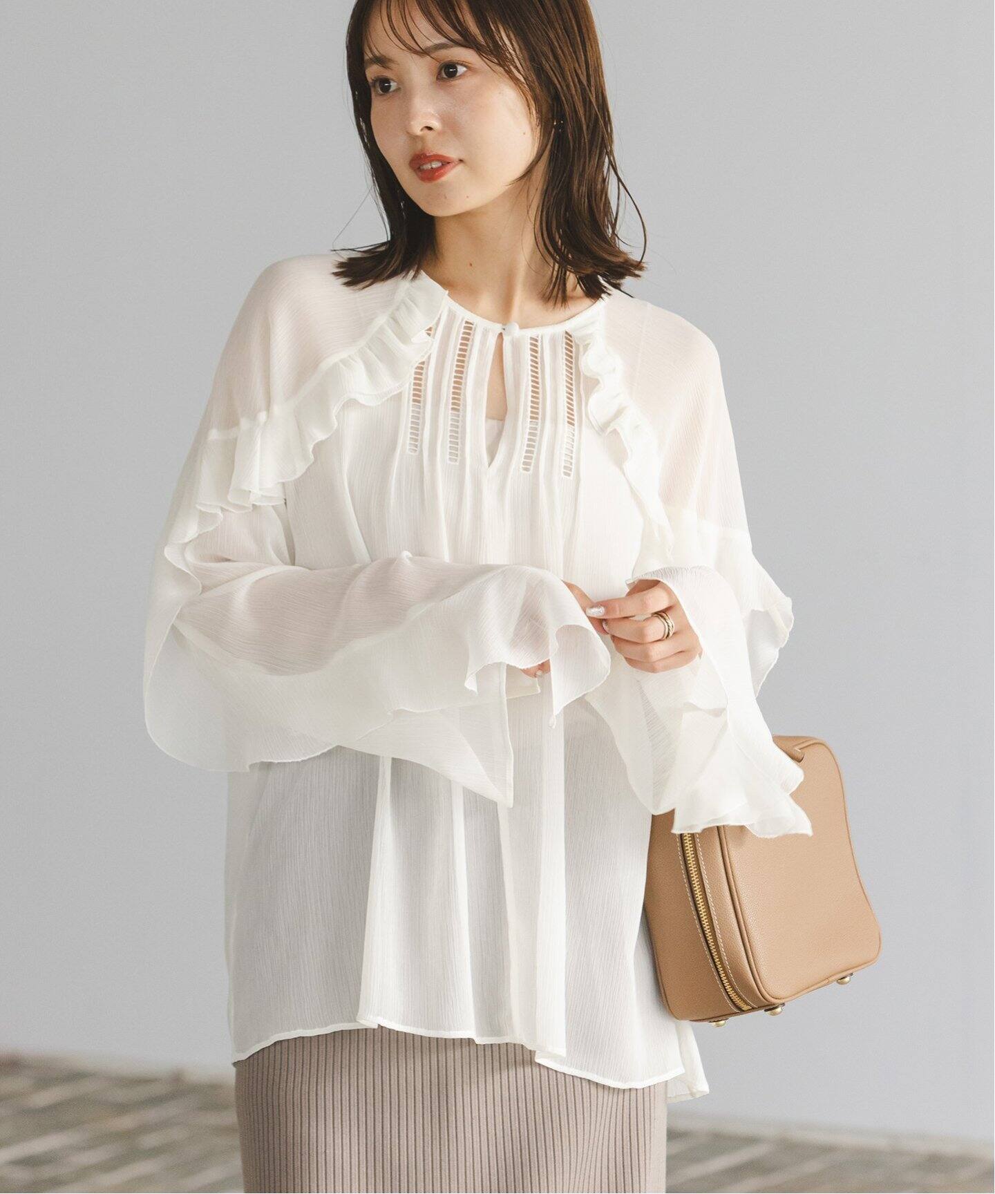 追加》【NOBLE×L'AUBE BLANC】楊柳フリル梯子刺繍ブラウス（シャツ