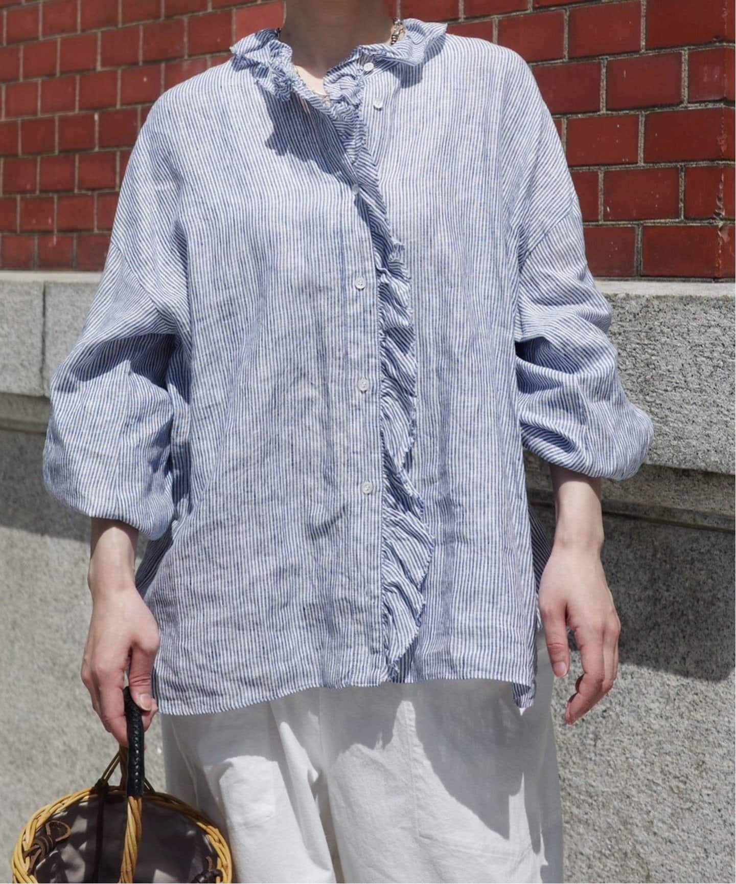 リネンストライプ フリルブラウス（シャツ／ブラウス）｜journal