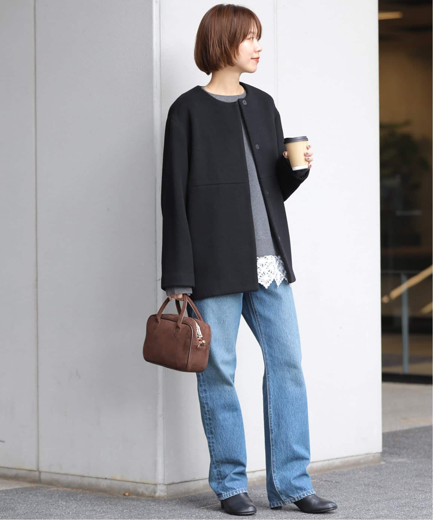 追加》スーパーファインビーバークルーネックコート（ノーカラーコート