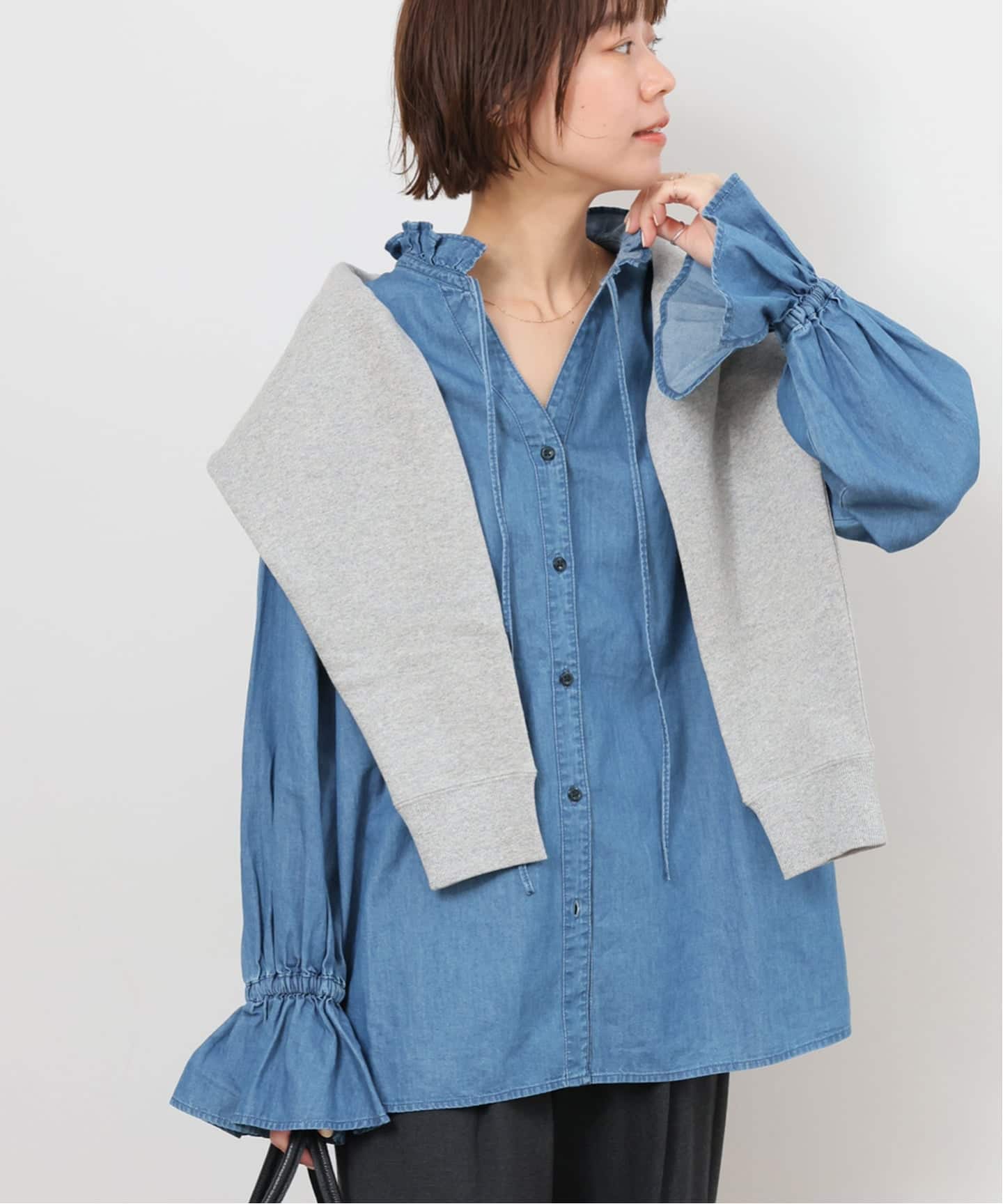 追加予約》ライトデニムスタンドカラーブラウス（シャツ／ブラウス