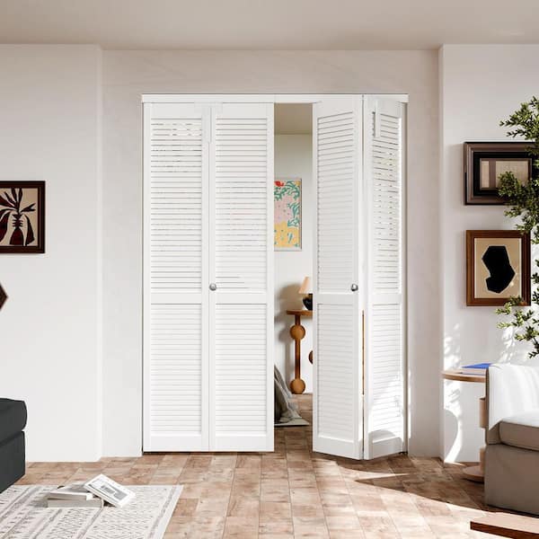 TENONER 48 in. x 80 in. Full-Panel Louver Solid Core White PVC