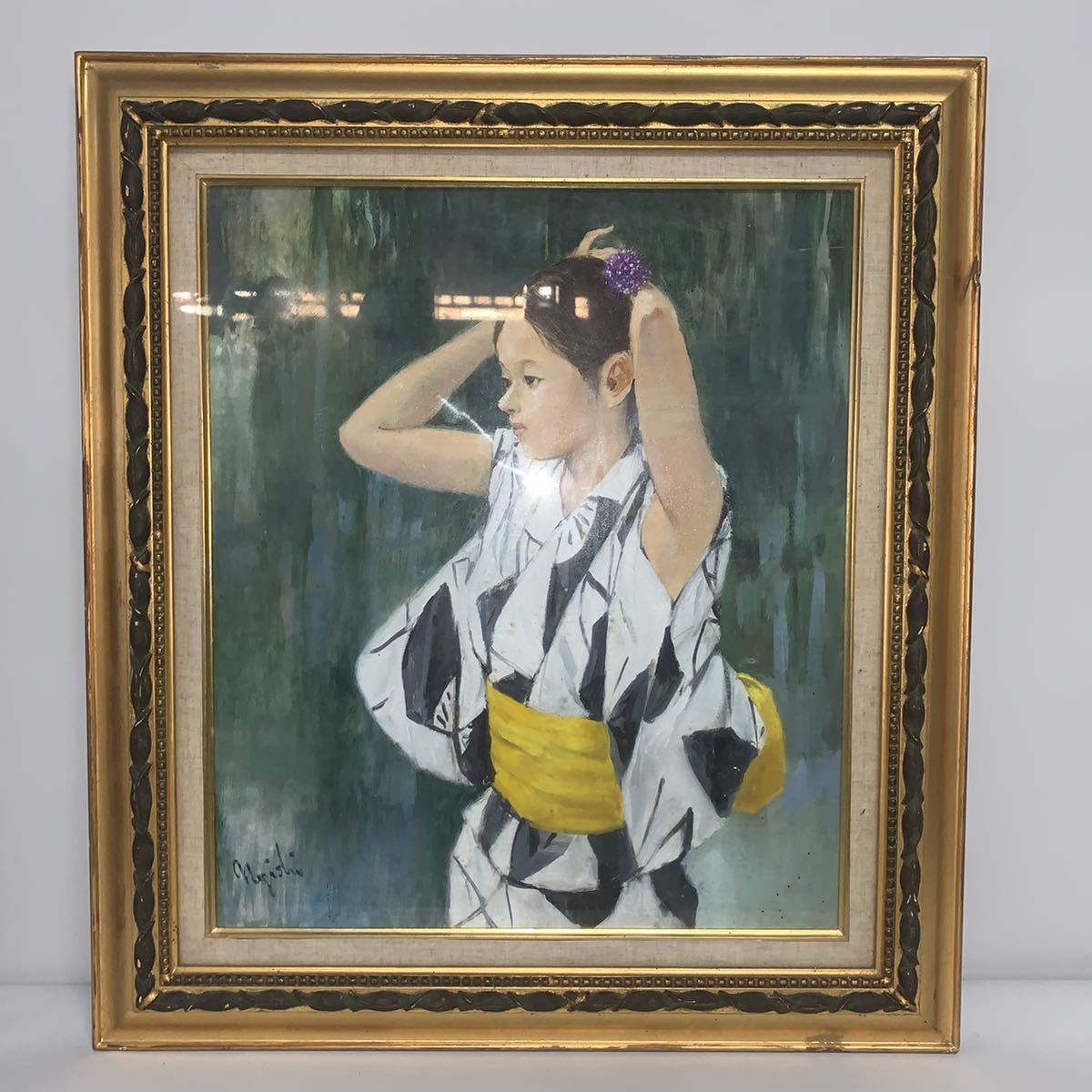 真作」浦野光江「野菊」静物画 油彩画 額装 サイン有り SM号 真作