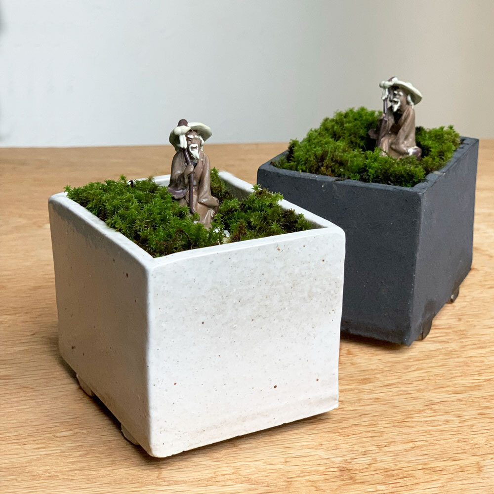 苔盆栽 【瞑想する仙人】万古焼創作角鉢 仙人 神様 - 【みどり屋～和草