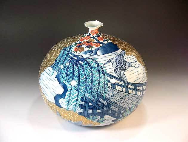 有田焼 陶芸家 藤井錦彩作】有田焼美術品 染錦金彩江戸文様飾り花瓶