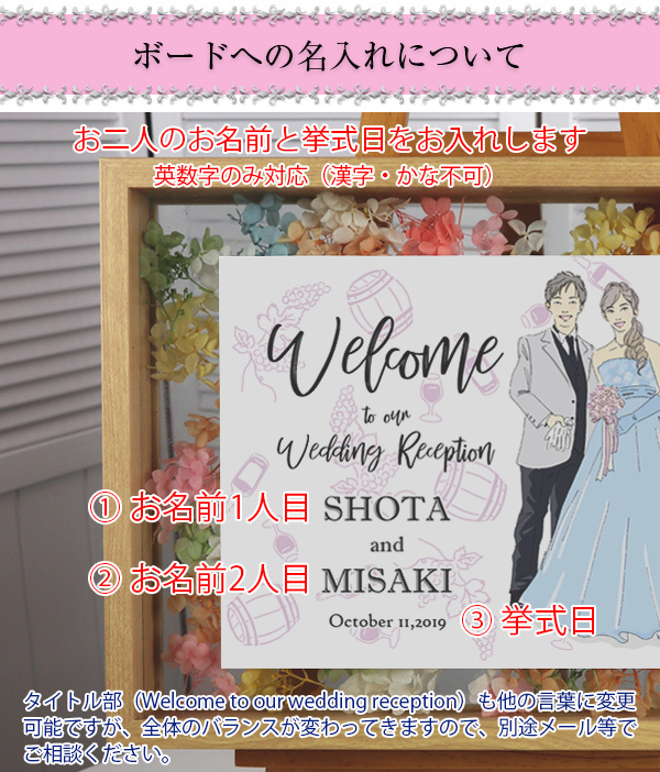 似顔絵イラスト入り ウェルカムボード A3サイズ （背景イラスト入り