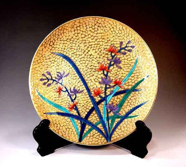有田焼 陶芸家 藤井錦彩作】有田焼美術品 染錦黄金蘭絵飾り大皿 文字
