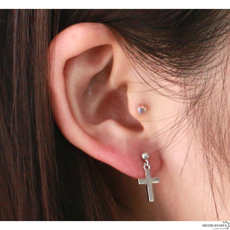 両耳2点セット シルバー925 クロス 十字架 スタッドピアス シルバー