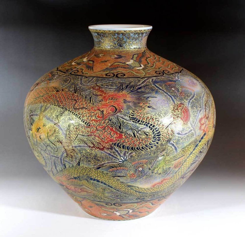 極上手・金襴手様式釉裏彩吉祥龍絵花瓶 陶芸作家 藤井錦彩 作 桐箱入り