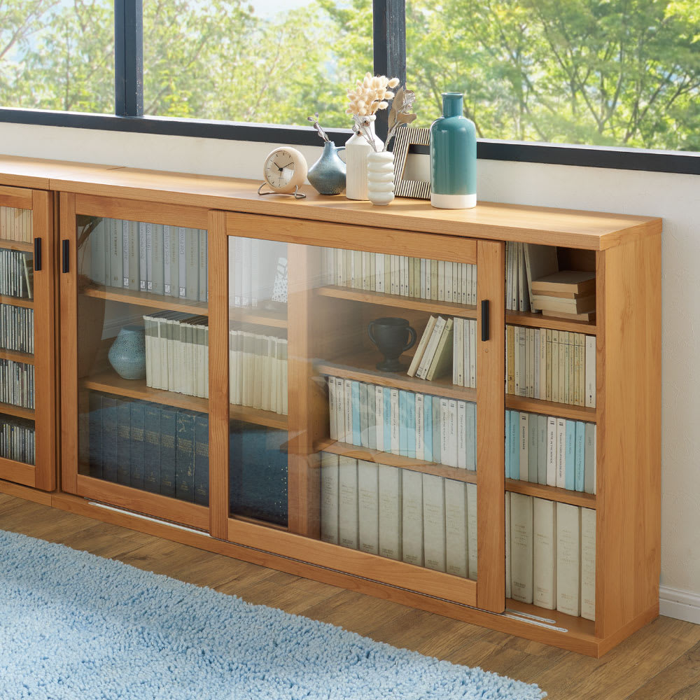 レンタル商品】アルダー天然木ガラス引き戸本棚（書棚） 幅150.5cm