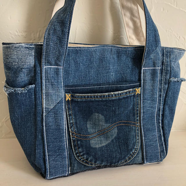 トートバッグ ハンドメイド デニムリメイク ブラウン×レッド バンブー