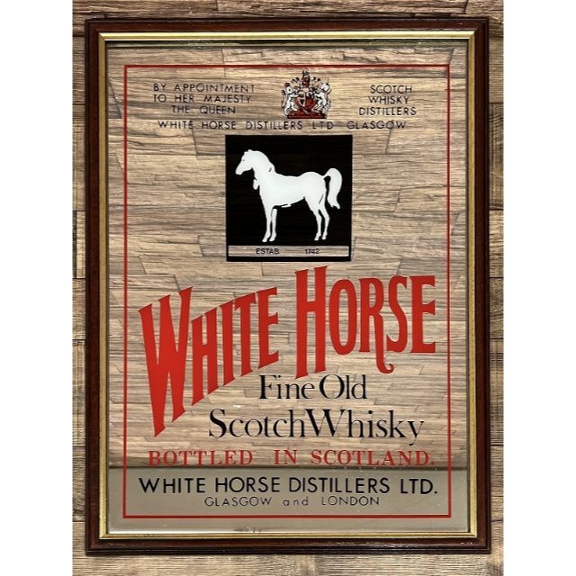 アンティーク WHITE HORSE ホワイトホース パブミラー 鏡 額入り