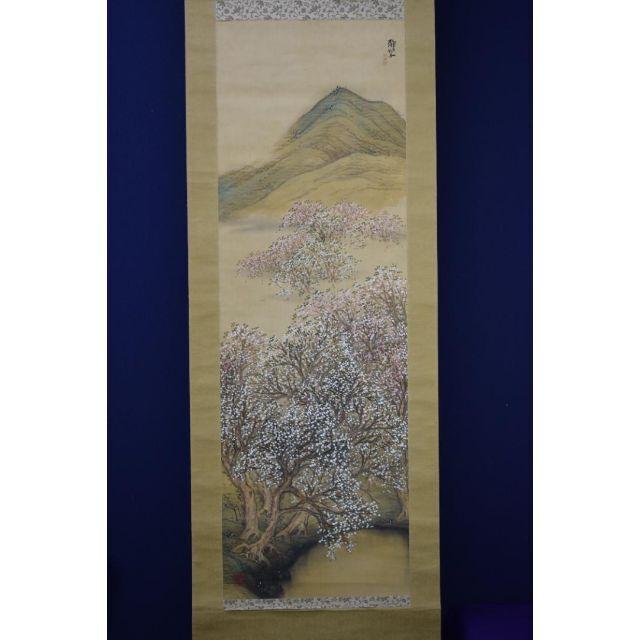 真作】藤島静邨/静村/山水図/桃の春図/掛軸☆宝船