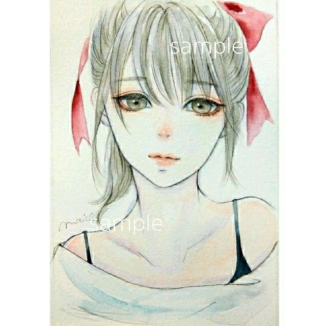 専用 専手描きイラスト 原画 オリジナル 水彩画 ポニーテール リボンの